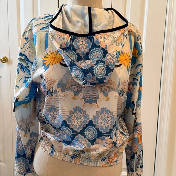 Anthropologie Blue and Cream Crane Bomber Jacket - Picture 2 of 4